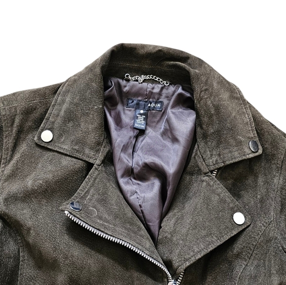 Aqua 100% Green Suede Leather Moto Zip Up Jacket Size Small - Picture 2 of 5